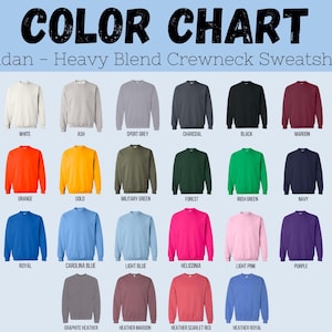 Puede incluir: Una carta de colores de sudaderas de cuello redondo Gildan Heavy Blend que muestra treinta y una opciones de jers&eacute;is de manga larga en varios colores s&oacute;lidos, incluyendo arena, blanco, ceniza, gris deportivo, carb&oacute;n, negro, granate, rojo, naranja, oro, verde y rosa.