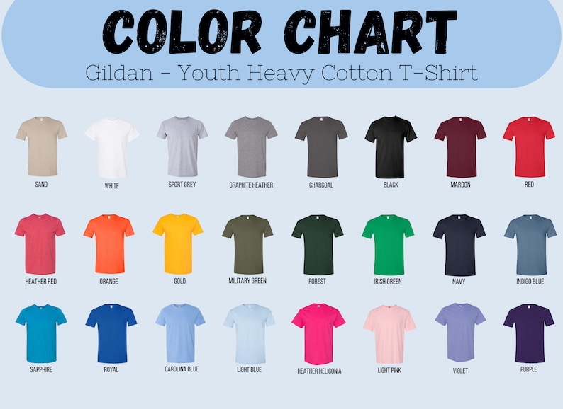 Puede incluir: Una tabla de colores para camisetas Gildan Youth Heavy Cotton que muestra veintitr&eacute;s camisetas de manga corta en varios colores, incluyendo arena, blanco, gris deportivo, gris grafito, carb&oacute;n, negro, granate, rojo, rojo jaspeado, naranja, oro, verde militar, bosque, verde irland&eacute;s, azul marino, azul &iacute;ndigo, zafiro, real, azul carolina, azul claro, fucsia jaspeado, rosa claro, violeta y morado.