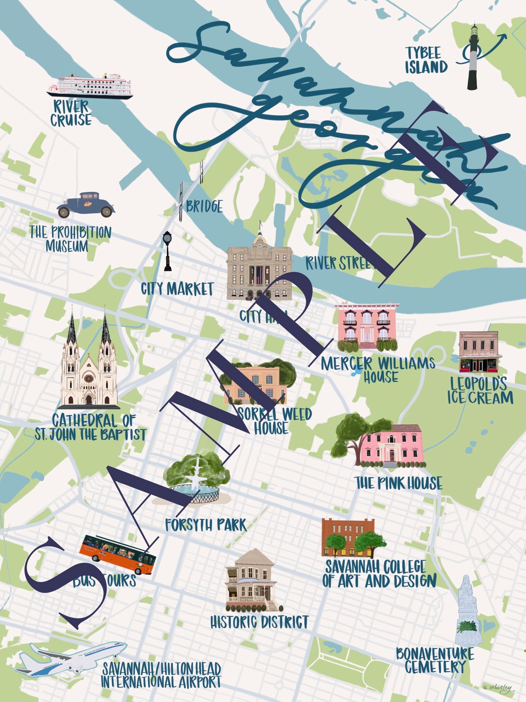 Savannah City Scape Map Forsyth Park, Sorrel Weed House, Pink