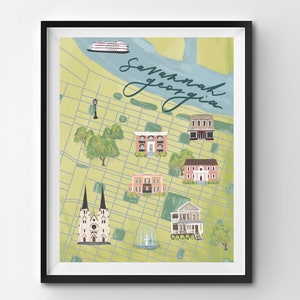 Savannah Georgia City Scape Map / Forsyth Park, Sorrel Weed House, Pink, Leopold's, SCAD, Tybee Island / GA Art Printable Digital Decor