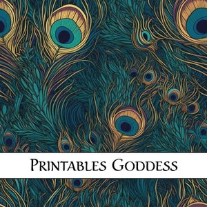 Op de afbeelding: Een naadloos patroon met een herhalend ontwerp van pauwenveren in tinten teal, blauw, groen, goud en paars. De veren zijn in een willekeurig patroon gerangschikt, wat een visueel aantrekkelijk en ingewikkeld ontwerp creëert.