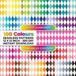 Può includere: Un download digitale di 100 motivi di diamanti senza cuciture in vari colori. Ogni motivo misura 30,48 cm per 30,48 cm e 300 DPI. Il testo "WHITE DIAMONDS", "100 Colours", "SEAMLESS PATTERNS", "12 X 12 INCH - 300 DPI", "INSTANT DOWNLOAD" e "PRINTABLES GODDESS" è incluso nell'immagine.