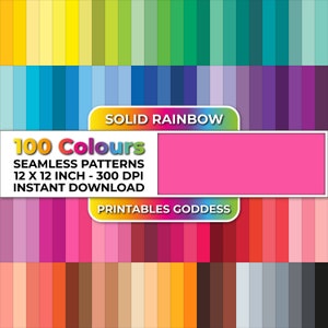 May include: A digital download of 100 solid color seamless patterns in a rainbow color scheme. The patterns are 12 inches by 12 inches and 300 DPI. The text "SOLID RAINBOW 100 Colours SEAMLESS PATTERNS 12 X 12 INCH - 300 DPI INSTANT DOWNLOAD PRINTABLES GODDESS" is on the image.