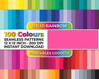 Könnte beinhalten: Ein digitaler Download von 100 nahtlosen Mustern in Volltonfarben in einem Regenbogen-Farbschema. Die Muster sind 30,48 cm x 30,48 cm groß und haben eine Auflösung von 300 DPI. Der Text "SOLID RAINBOW 100 Colours SEAMLESS PATTERNS 12 X 12 INCH - 300 DPI INSTANT DOWNLOAD PRINTABLES GODDESS" befindet sich auf dem Bild.