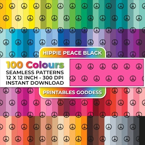 100 Black Hippies Peace Signs Seamless Patterns, Repeat Pattern, Digital Pattern, Paper, Scrapbooking, Instant Digital Download