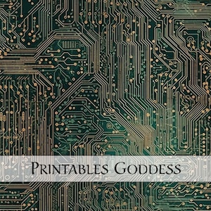 Puede incluir: Patrón digital abstracto con diseño de placa de circuito dorado y verde. El texto "PRINTABLES GODDESS" está en la parte inferior de la imagen.