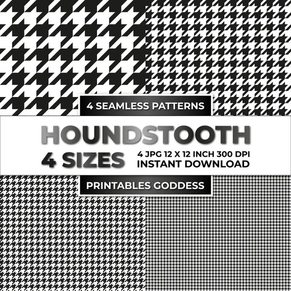 Black and White Houndstooth Seamless Patterns in 4 Sizes, Repeat Pattern, Digital Pattern, Paper, Instant Digital Download