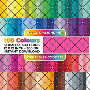 May include: A digital graphic featuring a variety of colorful diamond net patterns. The image includes text that reads "100 Colours, Seamless Patterns, 12 x 12 inch - 300 DPI, Instant Download" and "Printables Goddess."