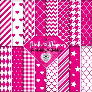Set di modelli di carta rosa Bellissimi modelli ripetuti rosa Modello digitale per scrapbooking Carta rosa Cuori a zigzag Gingham Polka Barbie