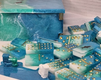 Handcrafted Resin Double 12 Domino Set with Storage Box