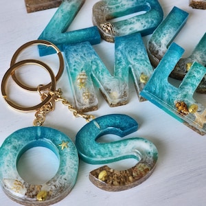 Porte-clés lettre océan, accessoires en résine, porte-clés alphabet personnalisé, thème plage