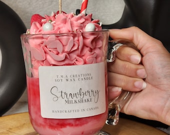 Strawberry Milkshake Candle, Scented Soy Wax, Birthday Present, Valentines Day Gift