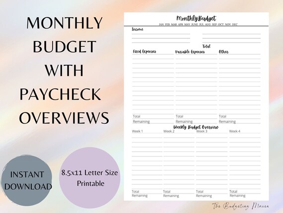 Monthly Budget Worksheet With Weekly Overview | Etsy