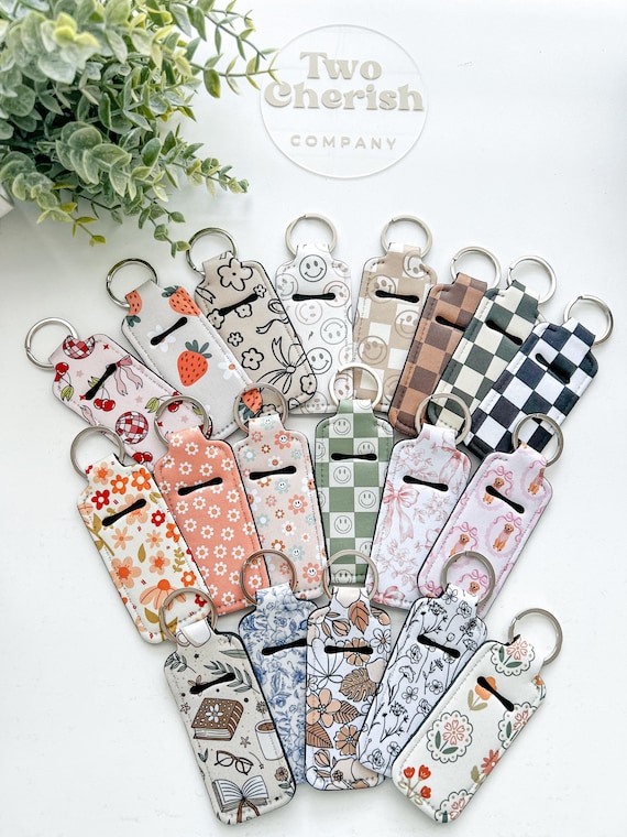 Chap-stick Holder Keychain: Retro Floral Keyring Checker Happy Face Lip Balm Keychain