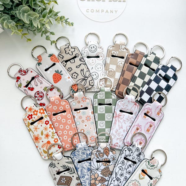 Chap-stick Holder Keychain: Retro Floral Keyring Checker Happy Face Lip Balm Keychain