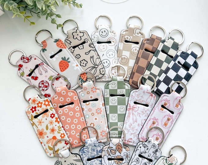 Chap-stick Holder Keychain: Retro Floral Keyring Checker Happy Face Lip Balm Keychain