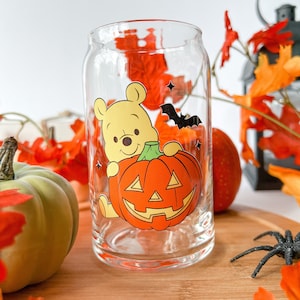 Halloween Pooh, Fall Bear Glass Can, Winnie Can Glass, iced Coffee glass, Iced Tea glass, Matcha Glass Can, Halloween gift, Gift for her