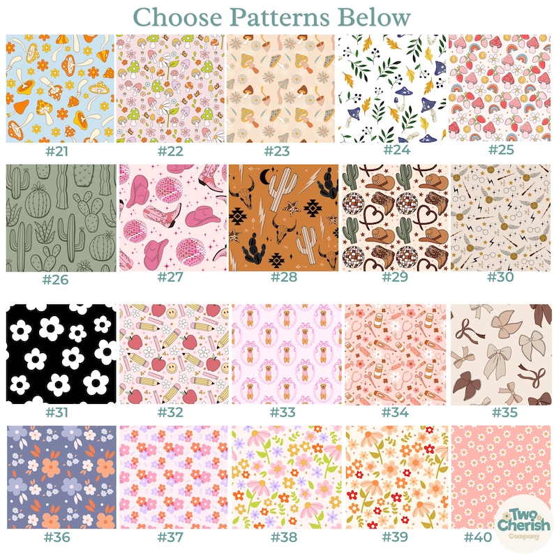 K&ouml;nnte beinhalten: Eine Auswahl an Stoffmustern mit verschiedenen Designs, darunter Pilze, Kakteen und Blumenmotive. Die Muster sind von #21 bis #40 nummeriert und weisen eine Vielzahl von Farben und Stilen auf. Der Text "Choose Patterns Below" steht oben.