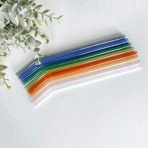 May include: A collection of colorful, angled glass straws in shades of blue, green, orange, and pink. The straws are arranged in a neat row, showcasing their varying hues. A sprig of green foliage is in the upper left corner, set against a white background.