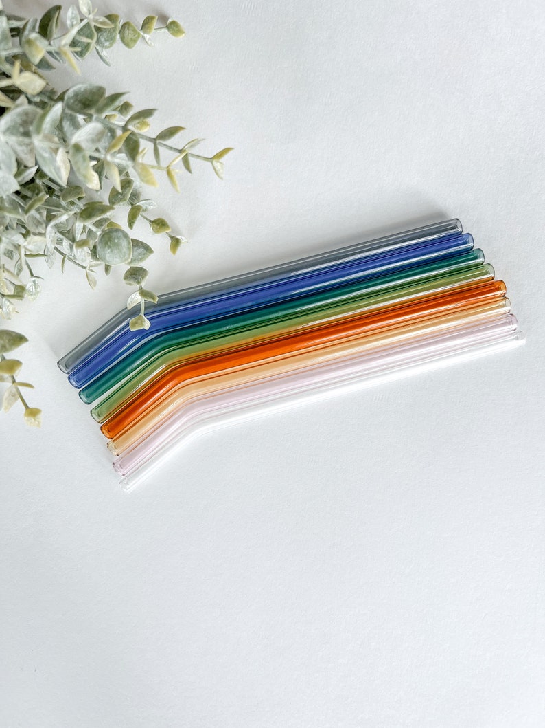 May include: A collection of colorful, angled glass straws in shades of blue, green, orange, and pink. The straws are arranged in a neat row, showcasing their varying hues. A sprig of green foliage is in the upper left corner, set against a white background.