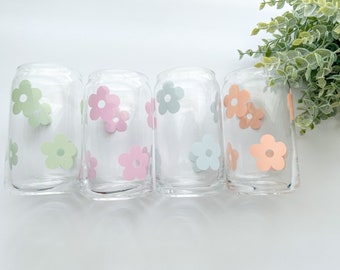 Retro Flower Glass Can Cup: Iced Coffee, Matcha, Tea