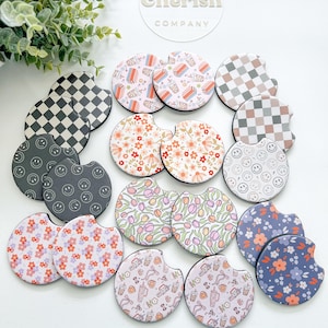 Car Coasters, Set of 2 Coasters, Cute Car Accessories, Retro Car Coasters, Cup Holder Coasters, Happy Face Car Coasters, Boho Car Coasters