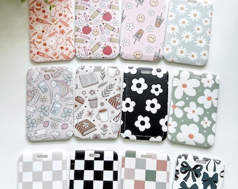 ID Badge Holder: Teacher Nurse Student Work Retro Floral Checker ID Sleeve Lanyard Accessories