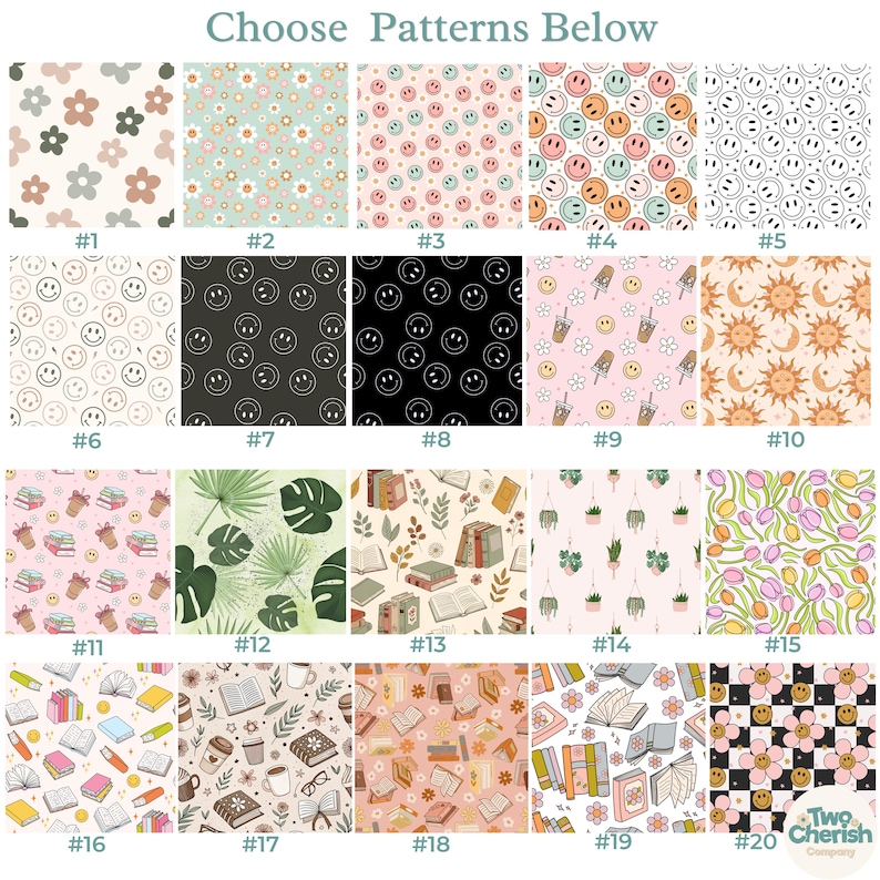 K&ouml;nnte beinhalten: Eine Auswahl von zwanzig Stoffmustern mit verschiedenen Designs, darunter Blumen, Smiley-Gesichter, B&uuml;cher und Pflanzen. Der Text "Choose Patterns Below" ist oben im Bild zu sehen. Jedes Muster ist nummeriert.