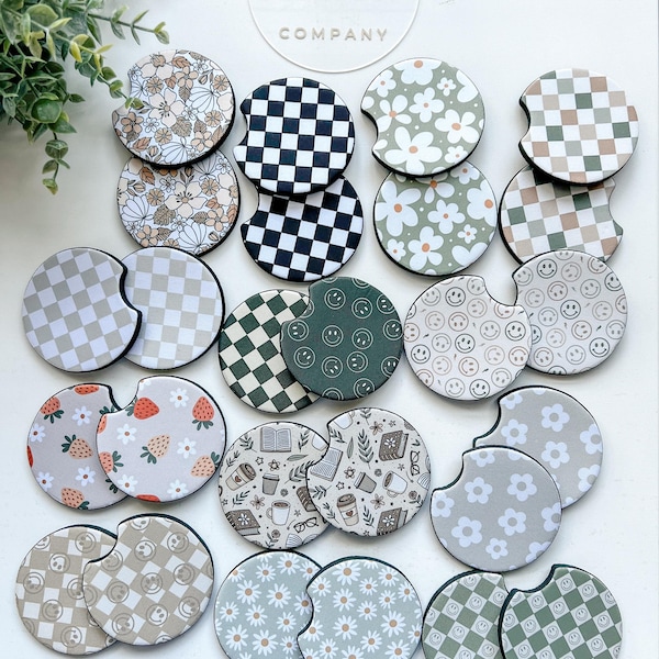 Car Coasters: Retro Floral Checker Style (Set of 2) Neutral Neoprene Cup Holder Accessories
