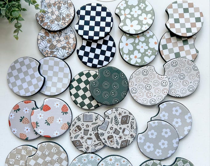 Car Coasters: Retro Floral Checker Style (Set of 2) Neutral Neoprene Cup Holder Accessories