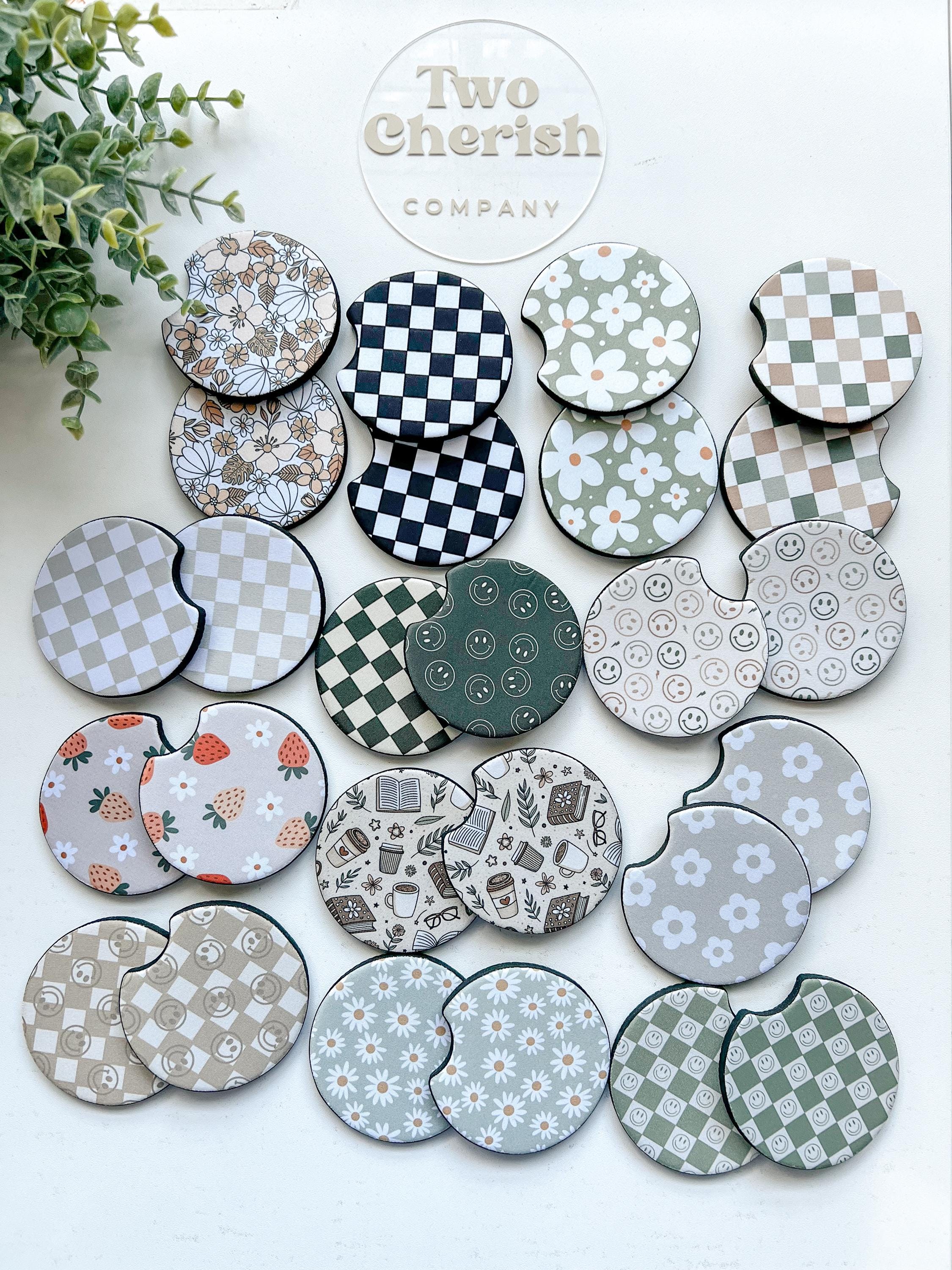 Car Coasters: Retro Floral Checker Style (Set of 2) Neutral Neoprene Cup Holder Accessories