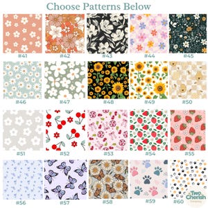 K&ouml;nnte beinhalten: Eine Auswahl an Stoffmustern mit floralen, fruchtigen und tierischen Designs. Muster umfassen G&auml;nsebl&uuml;mchen, Sonnenblumen, Kirschen, Erdbeeren, Schmetterlinge und Pfotenabdr&uuml;cke. Der Text "Choose Patterns Below" steht oben.