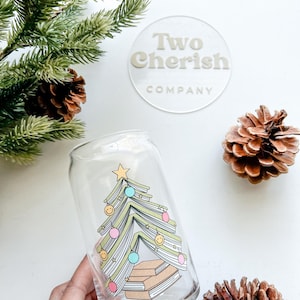 Christmas Tree Glass Can, Book Tree Beer Glass, Reading Glass, Glass for Book Lover, 16 oz Book Girl Glass, i love Books, I love Christmas