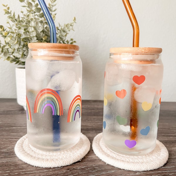 Vaso de vidrio que cambia de color: Arcoíris o Corazones - 16 oz/20 oz