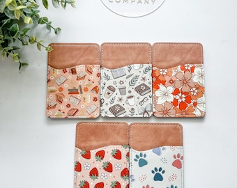 Phone Card Holder: Retro Floral Checkered Design Neutral Boho Vegan Leather Phone Accessories