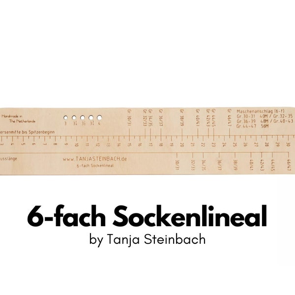 Sockenlineal Sockenlehre von Tanja Steinbach für 6-fach Sockenwolle - handgefertigt aus Holz (Größe 30-47)
