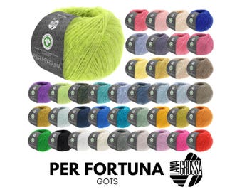 May include: A collection of 36 skeins of yarn in various colors, including green, blue, yellow, pink, and red. The yarn is labeled "Per Fortuna Lana Grossa GOTS".