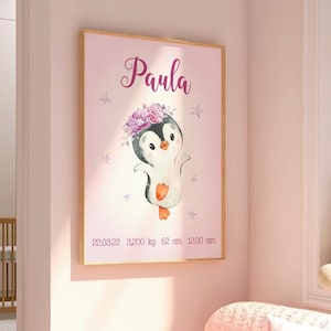 Póster nacimiento pinguino niña habitacion, Kinderillustration kinder niña, Cuadro personalizado, arte paredguarderia, regalo nacimiento.