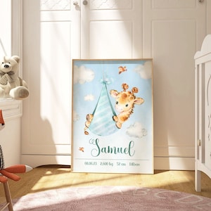 Jirafa poster nacimiento, natalicio niño, cuadro personalizado, decoración dormitorio infantil, regalo nacimiento, arte pared guardería.