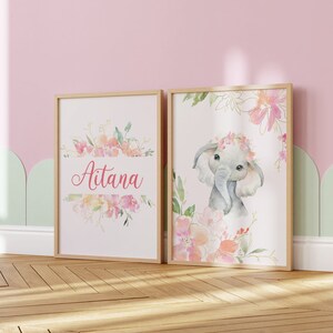Juego impresiones elefante niña floral, Cuadro personalizado con nombre, bonita decoracion dormitorio niña, arte decoracion paredguarderia.