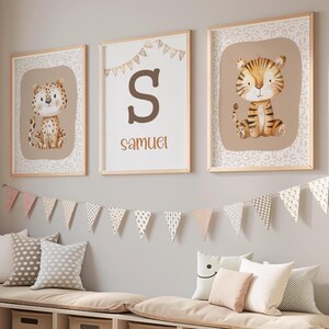 Lote 3 carteles personalizados, decoración dormitorio de niño, tigre, leopardo, carteles bebé animales selva, póster niños en tonos marrones