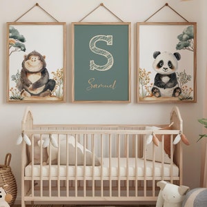 Lote 3 láminas personalizadas, decoración bebé animales, carteles bebé animales selva, ilustración bebé gorila, oso panda, arte guardería.