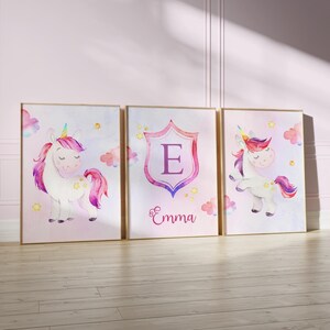 Conjunto Kinder Kinder des Einhorns, arte de pared con nombre für niñas, estampado fantascia unicornio, dormitorio de niña Einhörner.