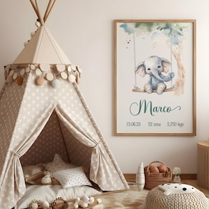 Aquarell Elefant Baby Junge Geburt Statistik Druck: Personalisierte Kinderzimmer Dekor