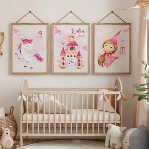 Set van 3 kaarten voor de prinsessen, de decoratie van de prinsen, de eenhoorn en de geboorte.