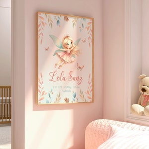 Póster natalicio hattea niña, Impresión nombre niña bebé, Arte Pared Guarderia, Regalo Nacimiento bebé niña fantasia, Dormitorio niña havedas.