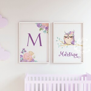 Eulen Baby Mädchen Drucke Set: Name & Initiale Kinderzimmer Dekor