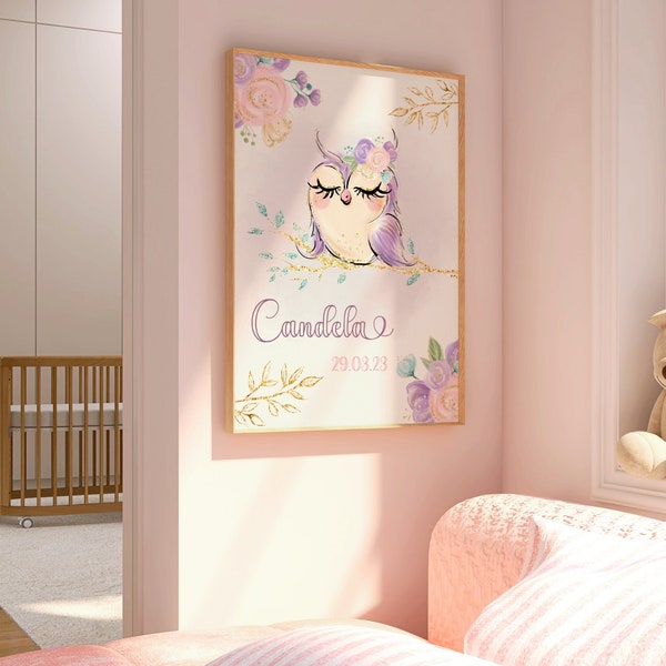 Poster personalizado niña, búho niña, dormitorio infantil bebé, natalicio niña, cuadro personalizado regalo nacimiento, decoración guardería