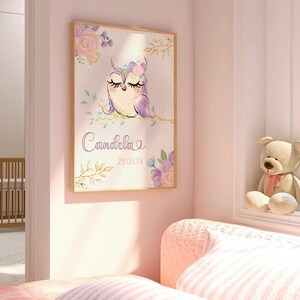 Personalisierte Mädchen-Kinderzimmer-Kunst: Eulen-Namensdruck, Baby-Dekoration für Mädchen