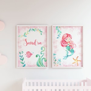 Pink Mermaid Print Set: Personalisierte Mädchenzimmer Dekor